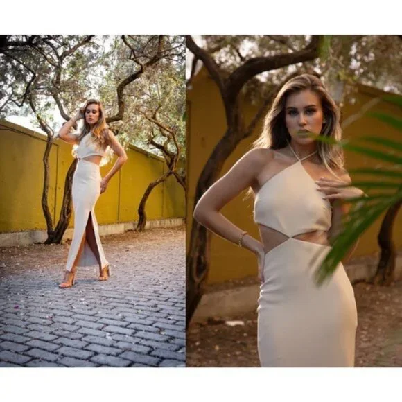 BEC & BRIDGE Iris Cut-Out Halter Midi Dress Side Slit in Cream Beige Size US
